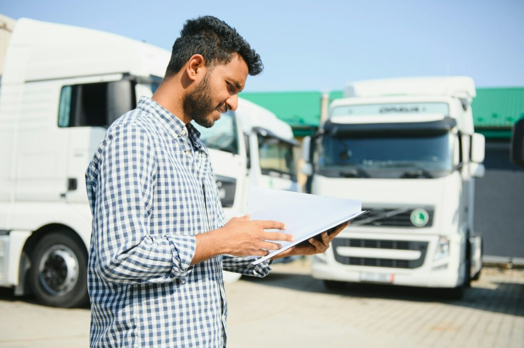 Logistics, delivery car and man with clipboard paperwork or checklist for stock